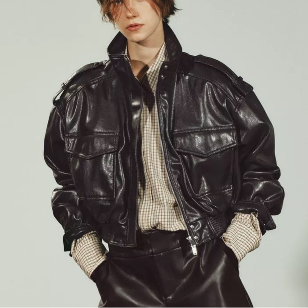 Zara Brown Vegan Leather Cropped Bomber Jacket xs - Picture 11 of 13